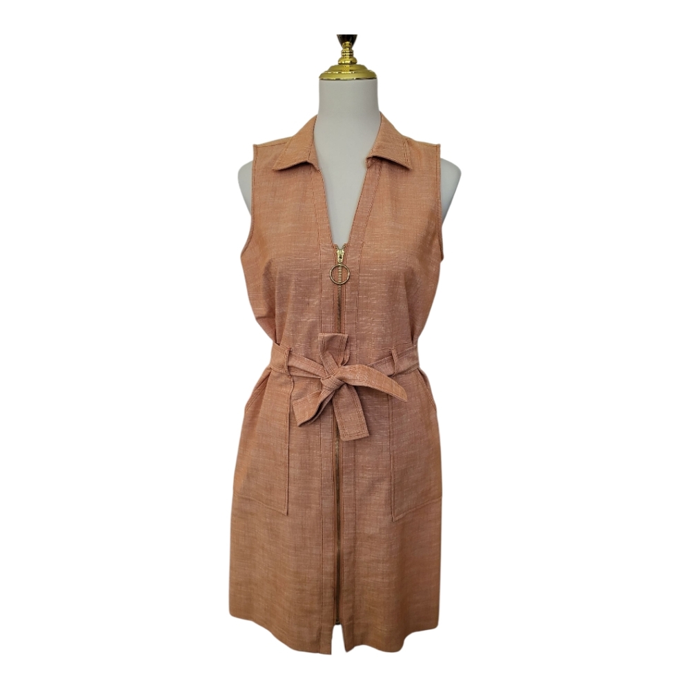 💕Sharagano Sleeveless Zip Front Belted Dress Brown Tan Size 8 Utility Safari St